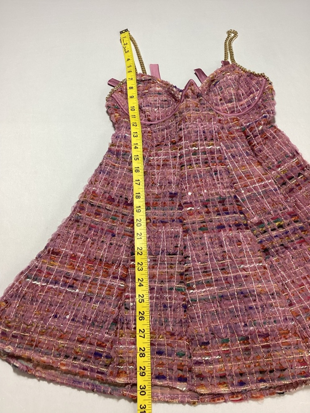 For Love & Lemons Celine Pink Tweed Mini Dress with Gold Chain Straps - Picture 12 of 14